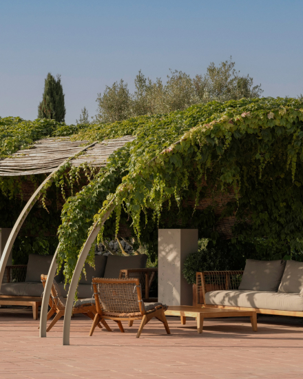 Terraza exterior con sofás bajo una pérgola cubierta de vegetación en el agroturismo de lujo de Torralbenc
